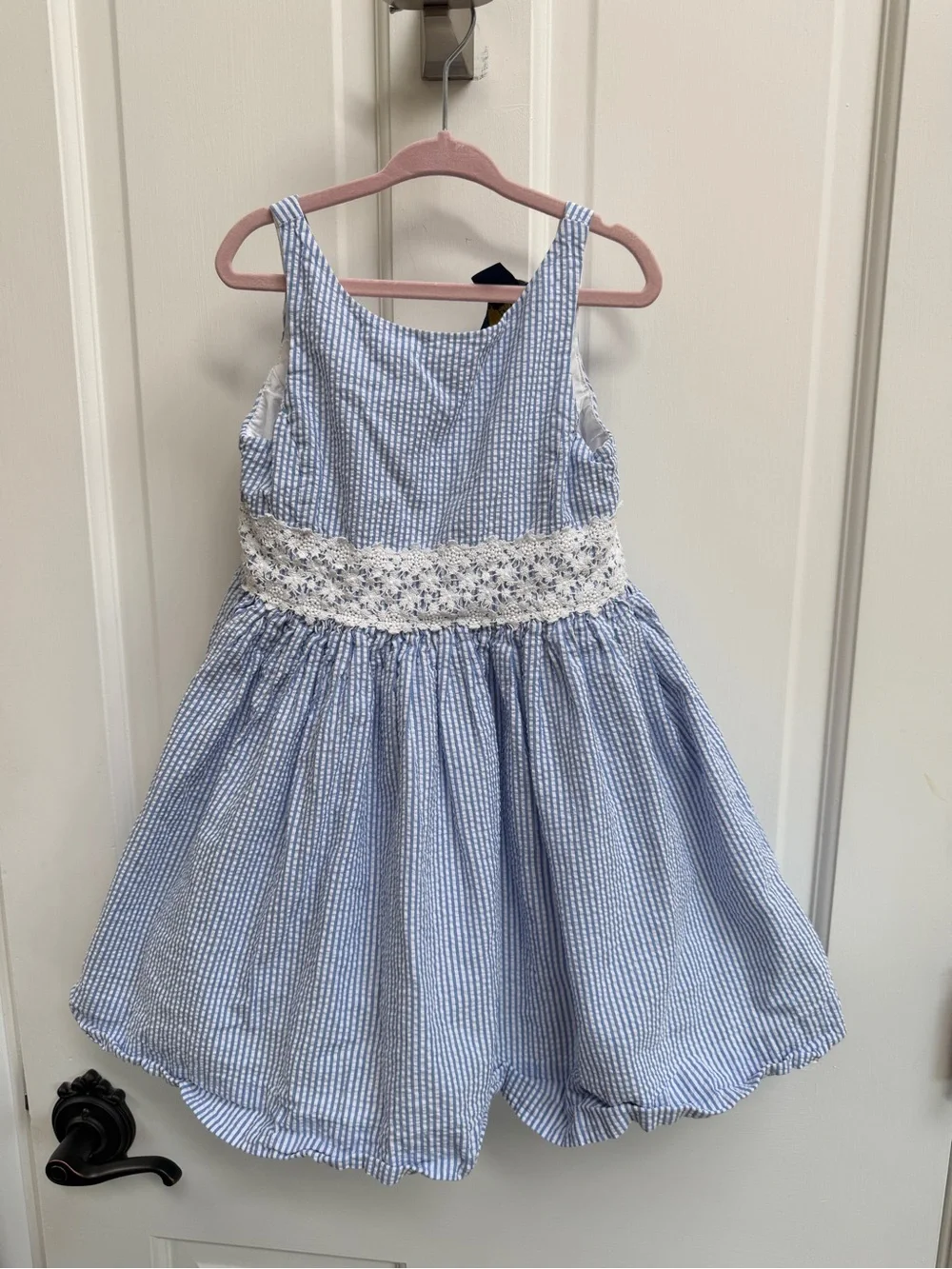 NWOT Polo by Ralph Lauren Girls 5 Blue Seersucker Sleeveless Dress White Floral